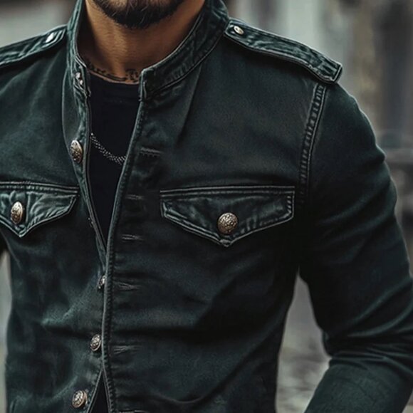 Men's Vintage Stand Collar Denim Jacket New, Size XL - Picture 4 of 17